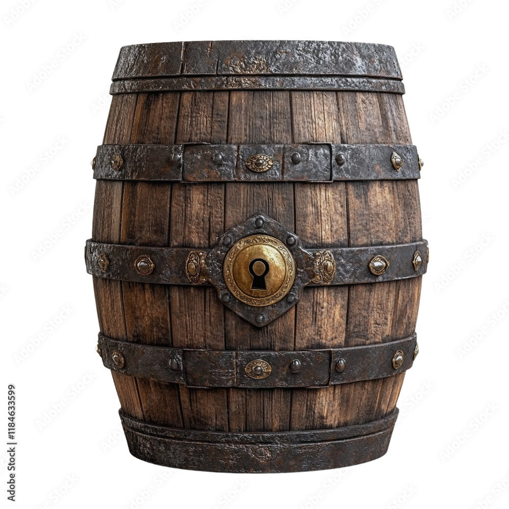 Fototapeta premium A wooden barrel with metal bands and a keyhole on it.