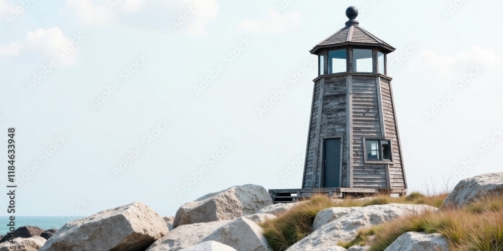 A weathered wooden coastal beacon stands tall amidst a cluster of rugged rocks, overlooking a tranquil ocean under a serene sky. A weathered wooden coastal beacon stands tall amidst a cluster of rugged rocks, overlooking a tranquil ocean under a serene sky.