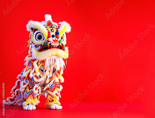 Lion Dance Costume on Red Gradient Lunar New Year Template photo