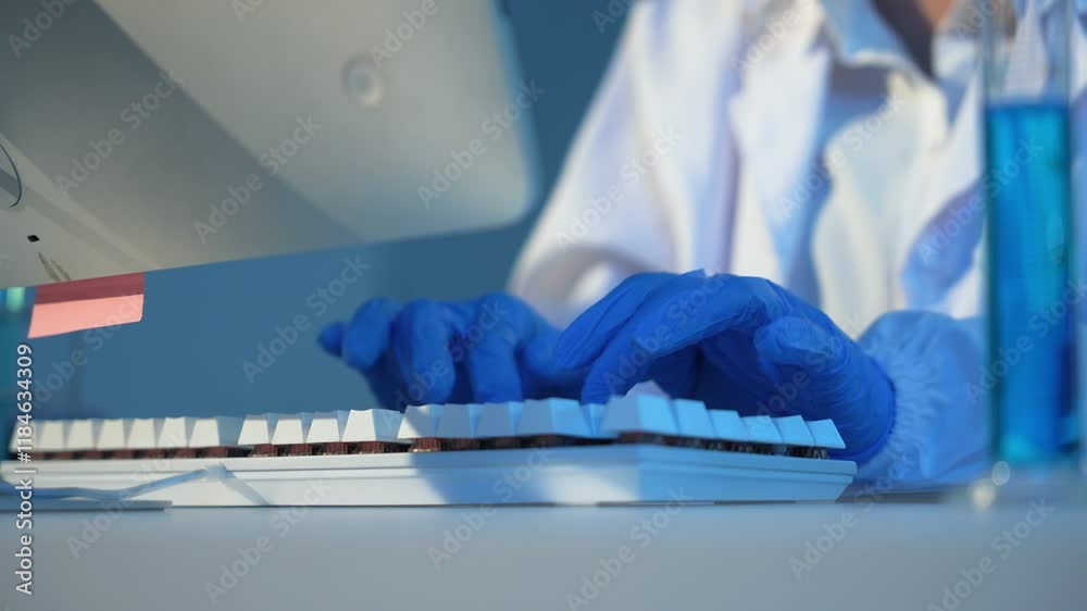 Laboratory technician wearing blue gloves typing on a white keyboard in a research facility Laboratory technician wearing blue gloves typing on a white keyboard in a research facility