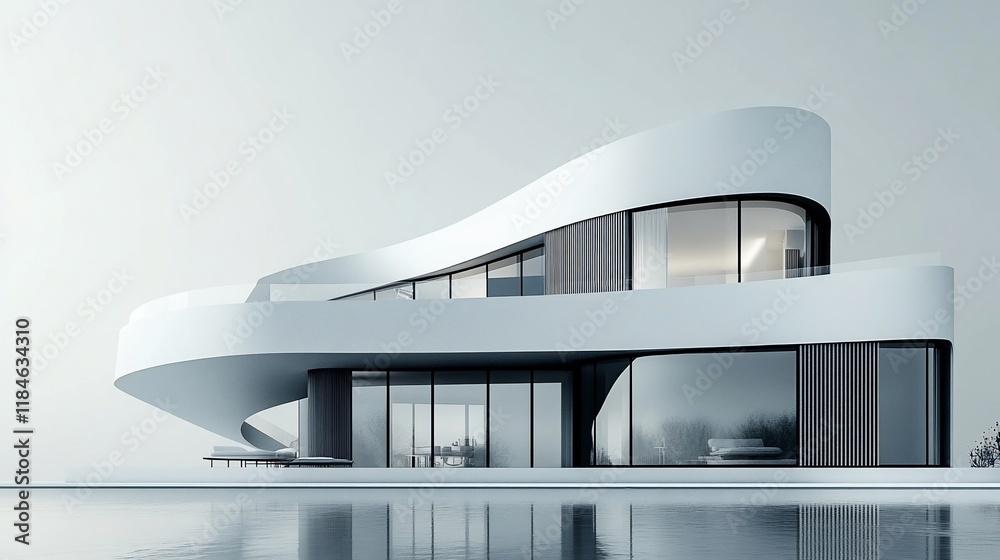 Modern white curved architecture house with pool reflection. Modern white curved architecture house with pool reflection.