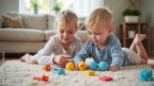 Brother and sister playing on floor at home - stock photo