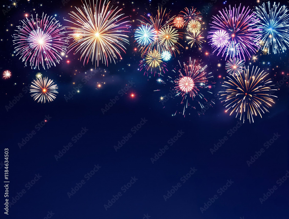 Naklejka premium Night Sky Fireworks Above Pagoda Lunar New Year Background