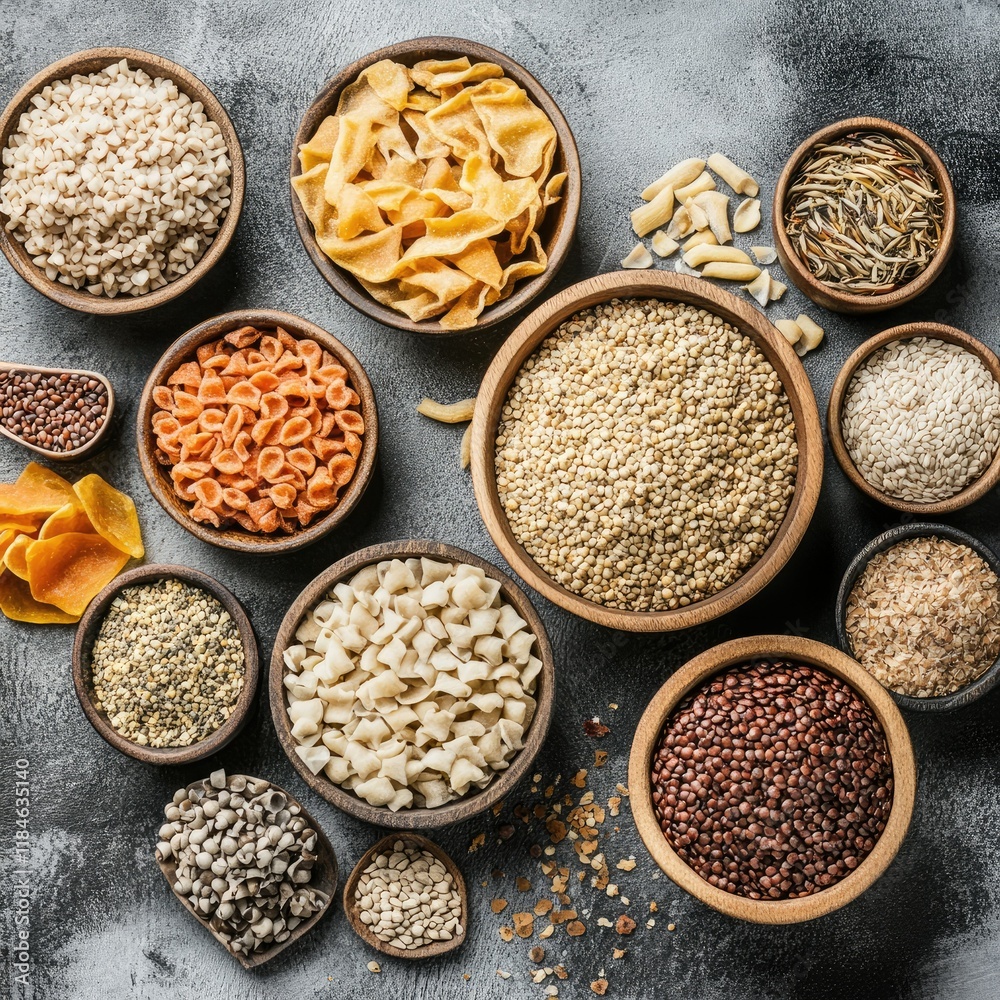 Different Dried Food Groups on Concrete Background Different Dried Food Groups on Concrete Background