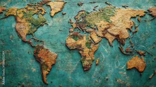 Fototapeta Naklejka Na Ścianę i Meble -  Textured world map, teal background, gold continents.