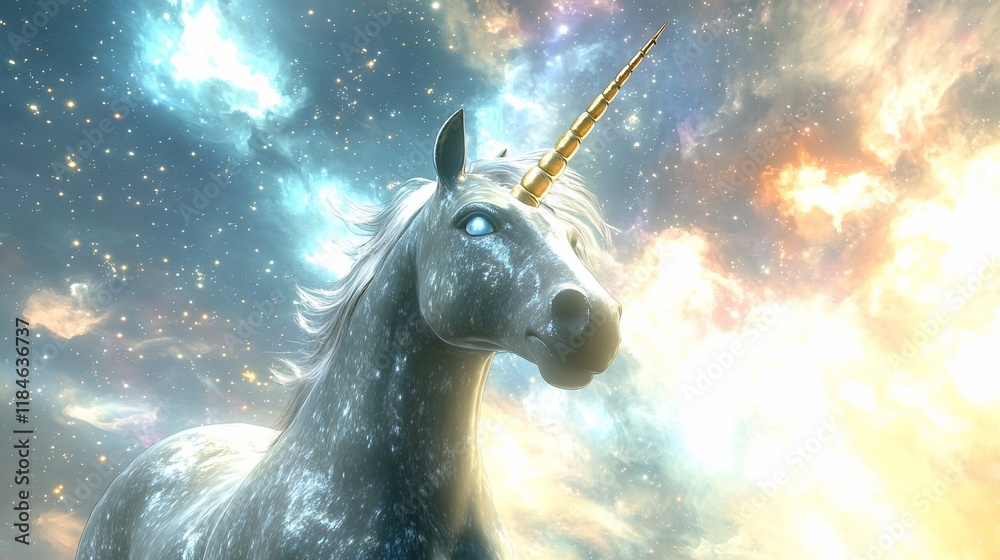 Mystical silver unicorn with glowing horn against a cosmic nebula background. Mystical silver unicorn with glowing horn against a cosmic nebula background.