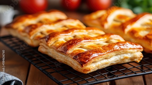 A delicious golden-brown pastry with a beautiful lattice design on top, showcasing crispy layers filled with sweet or savory goodness, perfect for any occasion. photo