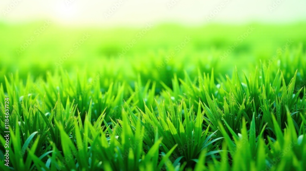 Vibrant Green Meadow Close-Up Showing Lush Foliage and Dew Drops Under Soft Sunlight Vibrant Green Meadow Close-Up Showing Lush Foliage and Dew Drops Under Soft Sunlight