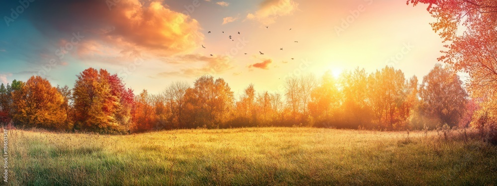 Fototapeta premium A serene autumn landscape at sunset, showcasing vibrant trees and a tranquil field.