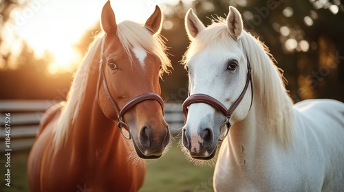 In a tranquil setting, a brown horse and a white horse are captured together in soft golden sunset light, symbolizing peace and harmony in nature's beauty. photo