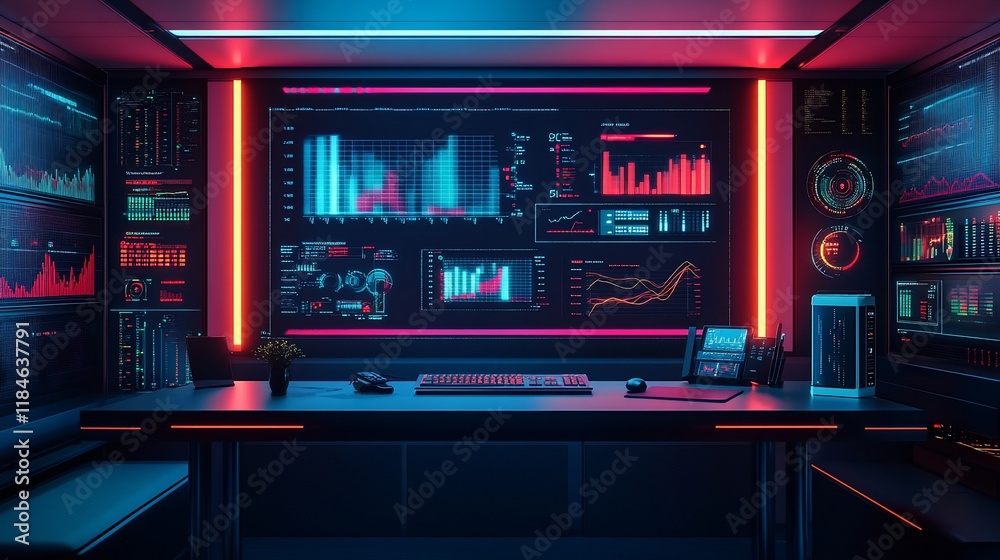 Futuristic control room with large screen displaying financial data, keyboard, mouse, and other tech devices. Futuristic control room with large screen displaying financial data, keyboard, mouse, and other tech devices.