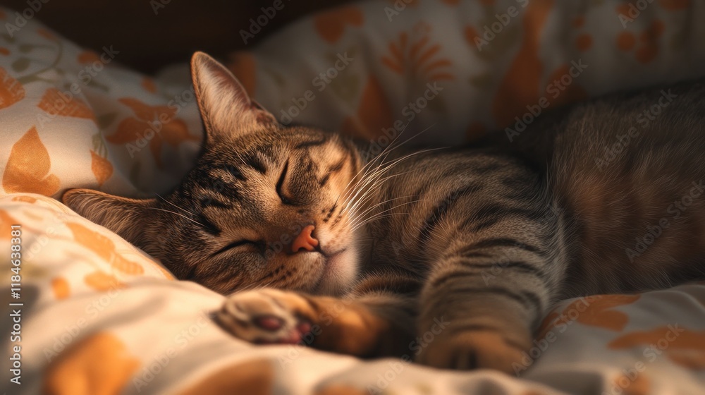 Sleeping Tabby Cat on a Floral Pillow Sleeping Tabby Cat on a Floral Pillow