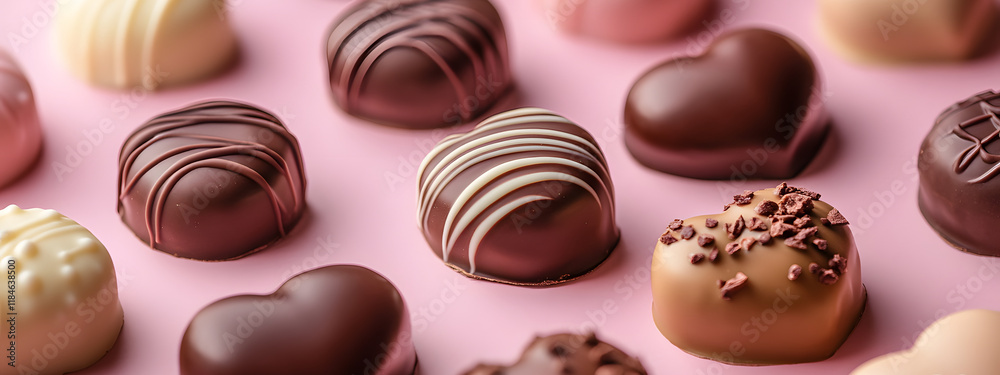 Fototapeta premium Flatlay of heart-shaped chocolates. Valentine's Day