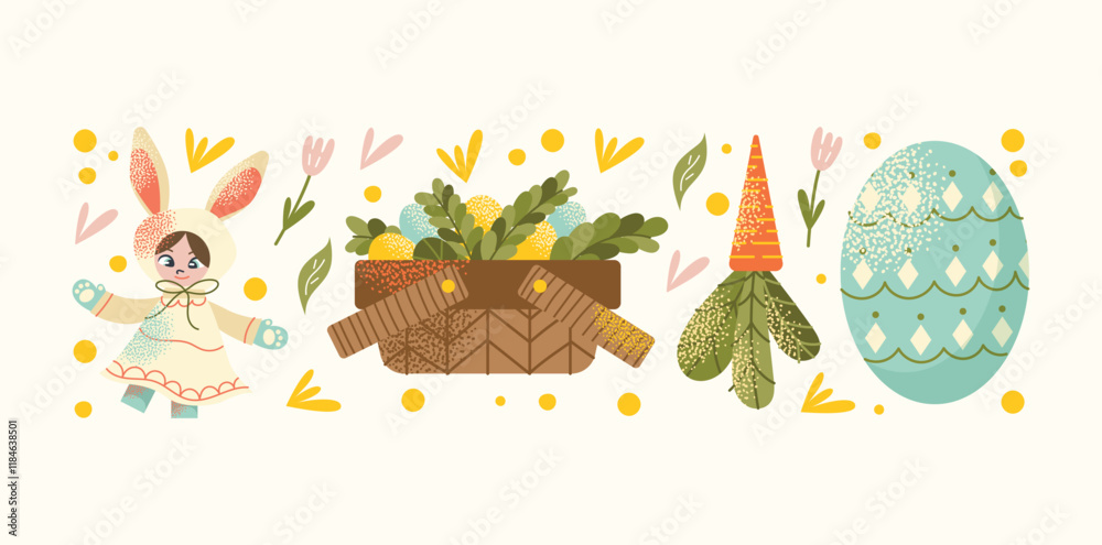Naklejka premium Collection of Easter elements bunny costume, decorative eggs, spring flowers, candles, carrots, and gift basket isolated on a light background. Vector illustration. Easter celebration concept