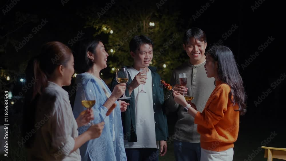 Friends sharing joyful moment during nighttime barbecue, drinking wine and laughing together in outdoor garden setting, celebrating connection and friendship