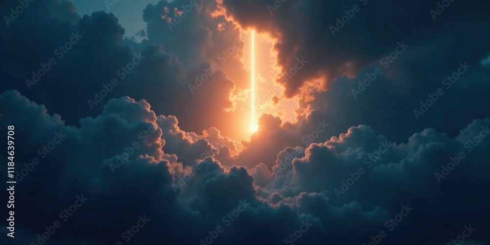Obraz premium A luminous beam pierces through dramatic, dark clouds, illuminating a breathtaking celestial scene with an ethereal glow.