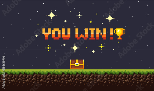 Pixel art night game background with grass, sky and you won game 8-bit text. Game screen pixel