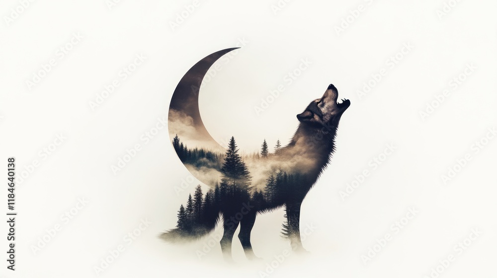 Fototapeta premium Wolf howling under moonlit forest nature art mystical setting surrealism dreamlike perspective
