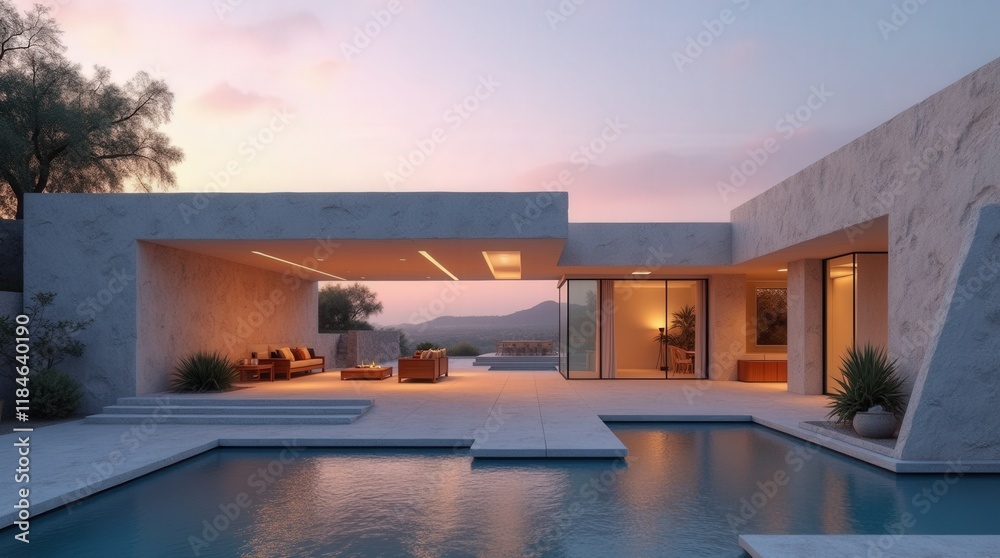 Fototapeta premium modern, minimalist architecture, rock face walls with no ceiling. a pastel sunset, modern architecture, peaceful atmosphere