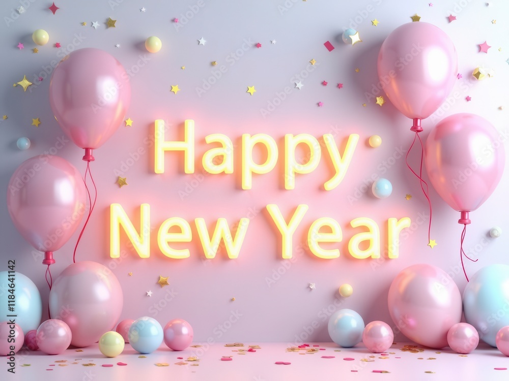 Fototapeta premium Happy New Year: Pink Balloons & Confetti