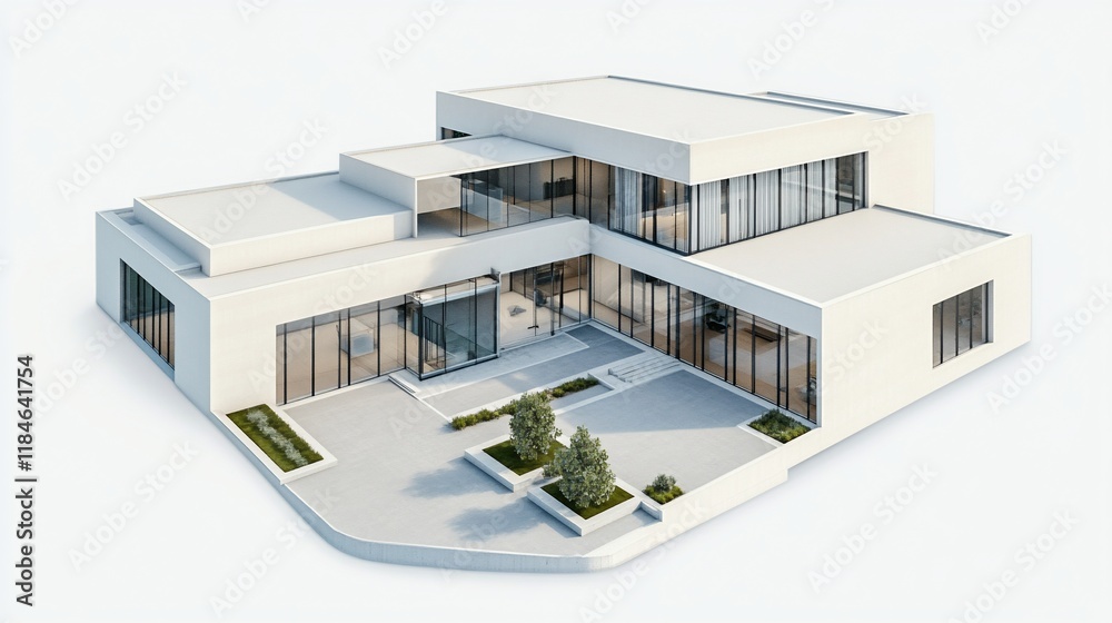 Modern white house architectural 3D model with patio, garden, and large windows. Modern white house architectural 3D model with patio, garden, and large windows.