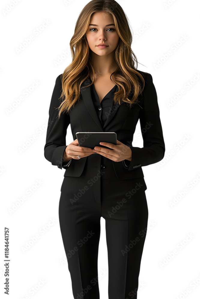 Confident Professional businesswoman Smiling and Holding a Tablet on transparent background Confident Professional businesswoman Smiling and Holding a Tablet on transparent background