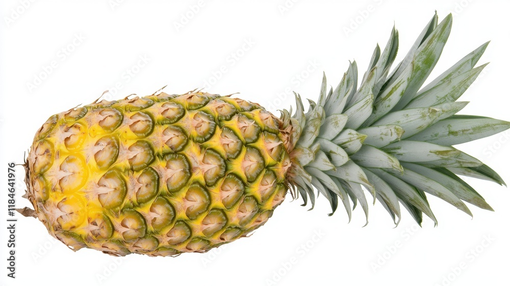 A single ripe pineapple with its crown intact, displayed upright on a white background A single ripe pineapple with its crown intact, displayed upright on a white background