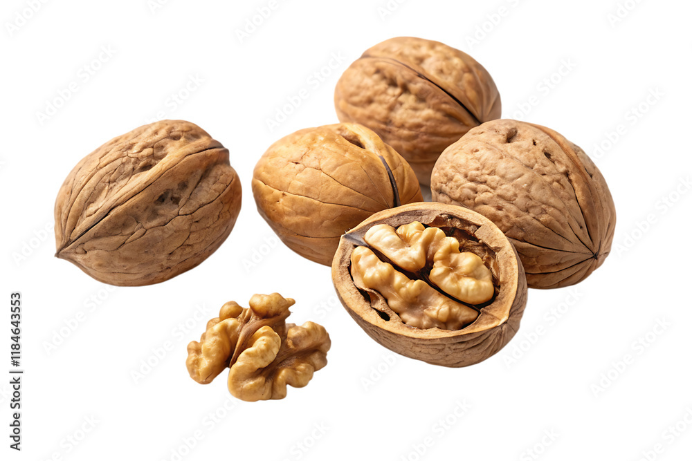 A whole walnut and a cracked walnut isolated on white background PNG.AI GENERATED A whole walnut and a cracked walnut isolated on white background PNG.AI GENERATED