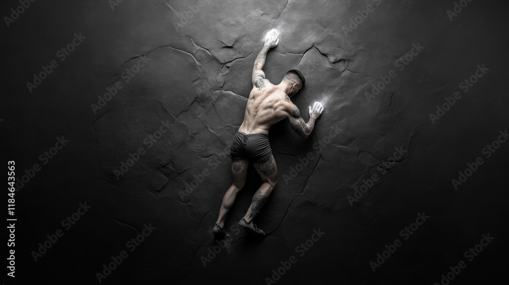 Climbing athlete scaling vertical wall indoor gym action photography dramatic lighting aerial view strength and determination