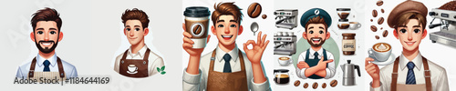 set of handsome coffee barista vector characters