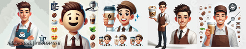 set of handsome coffee barista vector characters