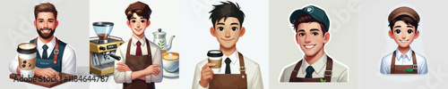 set of handsome coffee barista vector characters
