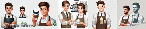 set of handsome coffee barista vector characters