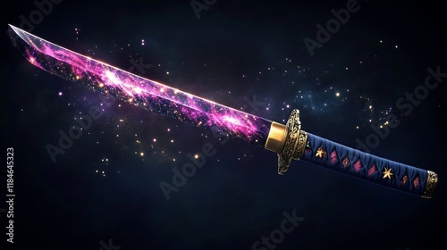 Futuristic katana with cosmic blade, glowing particles, dark background. photo