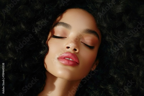 Commercial digital ads visual idea. Lovely calm black girl - for ads, marketing material and social apps use. Long trim - curly hair. African american glamour. African hair fashion.