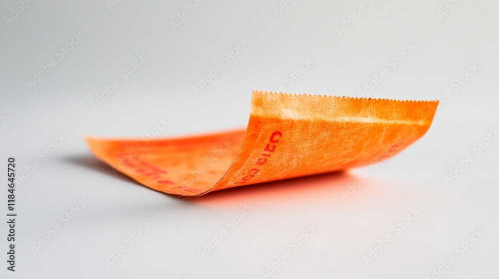 Orange perforated paper ticket curled on white background. Orange perforated paper ticket curled on white background.