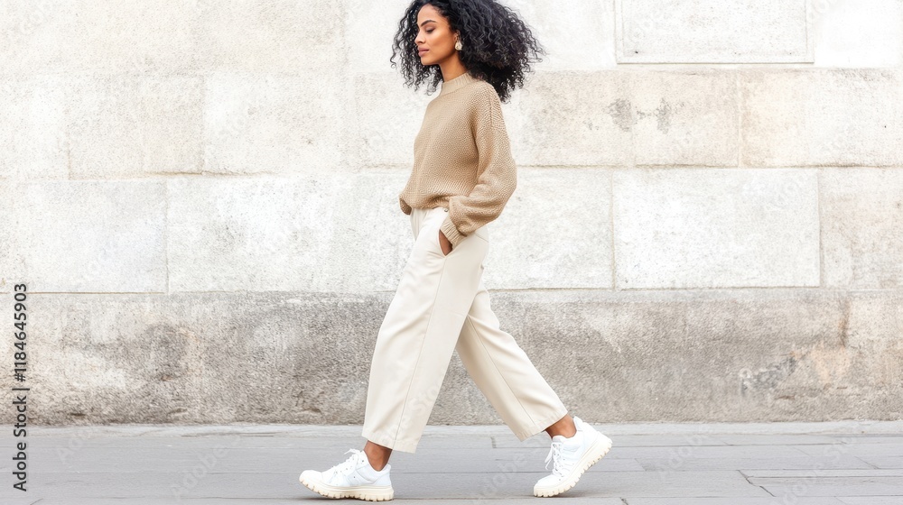 custom made wallpaper toronto digitalConfidently Chic: A stylish woman with natural curls walks confidently down a city street, radiating poise and effortless style in a beige outfit and white sneakers.  