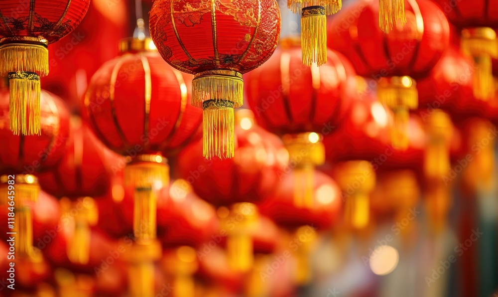 Naklejka premium Red lanterns hanging, Asian market, festival, blurry background