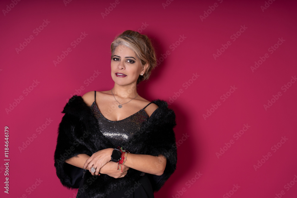 Fototapeta premium Confident mature woman in evening wear posing with elegance and style