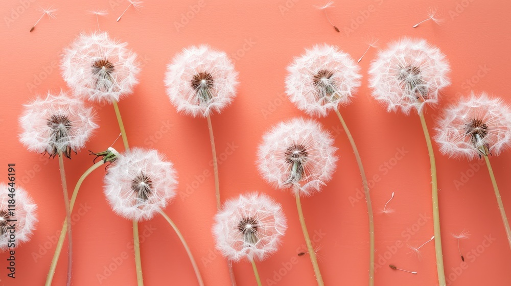 Obraz premium Fluffy white dandelion seed heads with flying pappus on a vibrant coral background. Delicate spring and summer floral abstract pattern, top view.