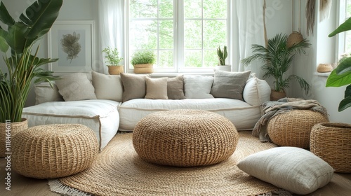 Cozy living room with sectional sofa, woven ottomans, and plants.