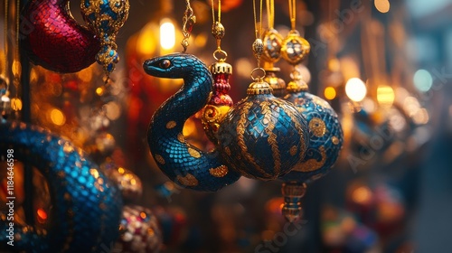 Ornate Ornaments in a Themed Shop Window Display photo