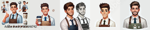 set of handsome coffee barista vector characters