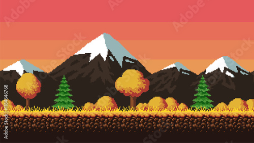 Snowy mountains, fir trees and a starry sky. Pixel art game location. 8 bit retro style backdrop. Seamless vector background.