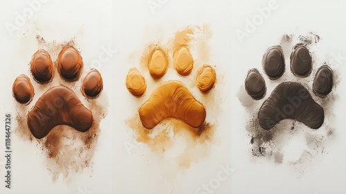 Different animal paw print Artistic representation of animal paw prints. foot trail print of cat. Dog, puppy silhouette animal diagonal tracks photo