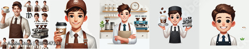 set of handsome coffee barista vector characters