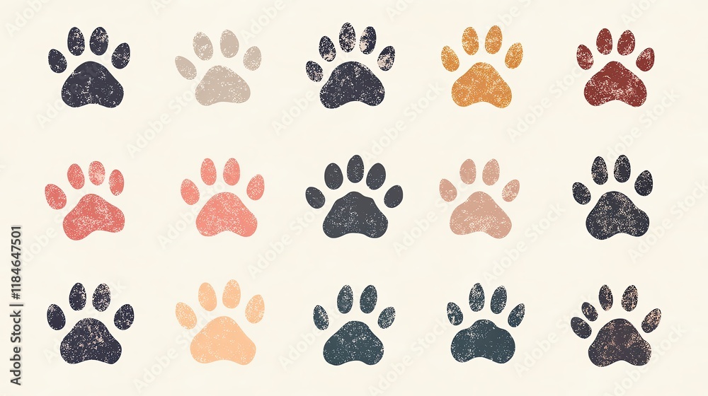 Fototapeta premium Different animal paw print Colorful paw prints in various styles and colors. foot trail print of cat. Dog, puppy silhouette animal diagonal tracks