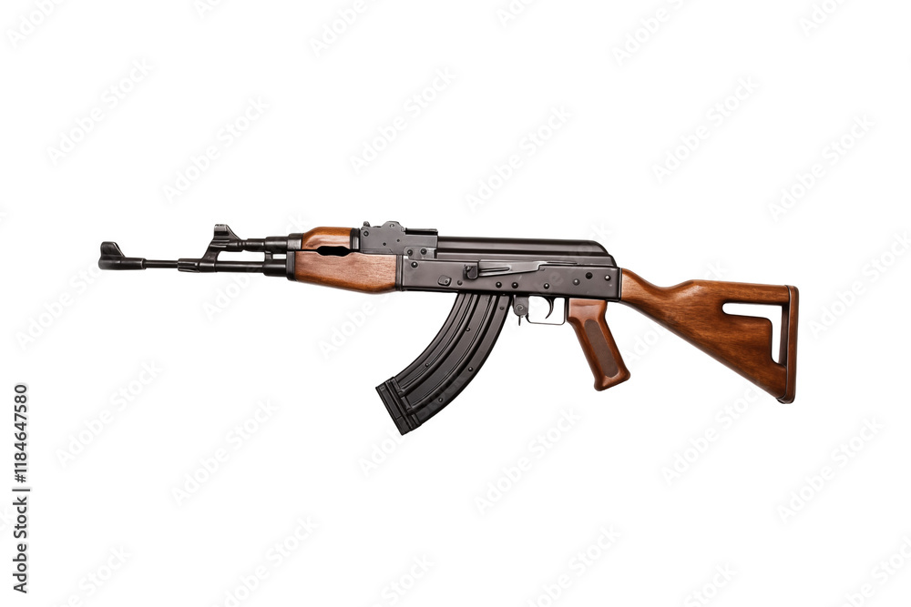 AK-47 Assault Rifle on Transparent Background – Iconic Firearm Design for Military, Tactical, and Security Applications. Perfect for Combat Scenes, Gaming Projects, Educational Materials and Realistic