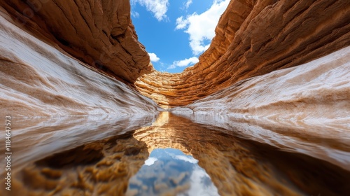 A captivating image of dramatic rock layers within a canyon, beautifully mirrored in still waters, inviting viewers to appreciate the majesty of nature's sculpted beauty. photo