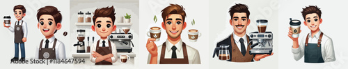 set of handsome coffee barista vector characters